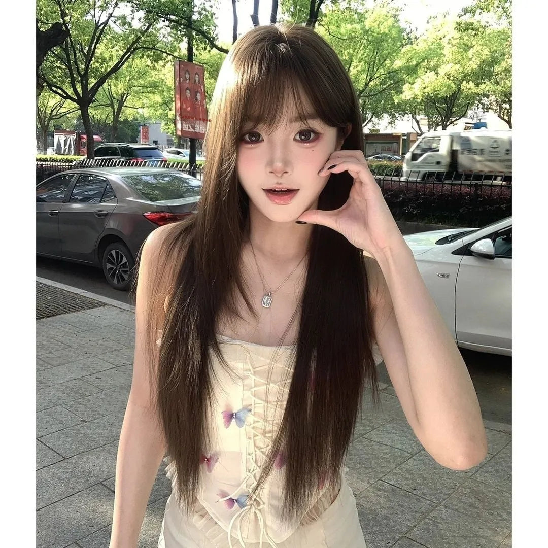 Brown black simulation wig with high-temperature fiber and wear-free hair net for ladies, natural look.