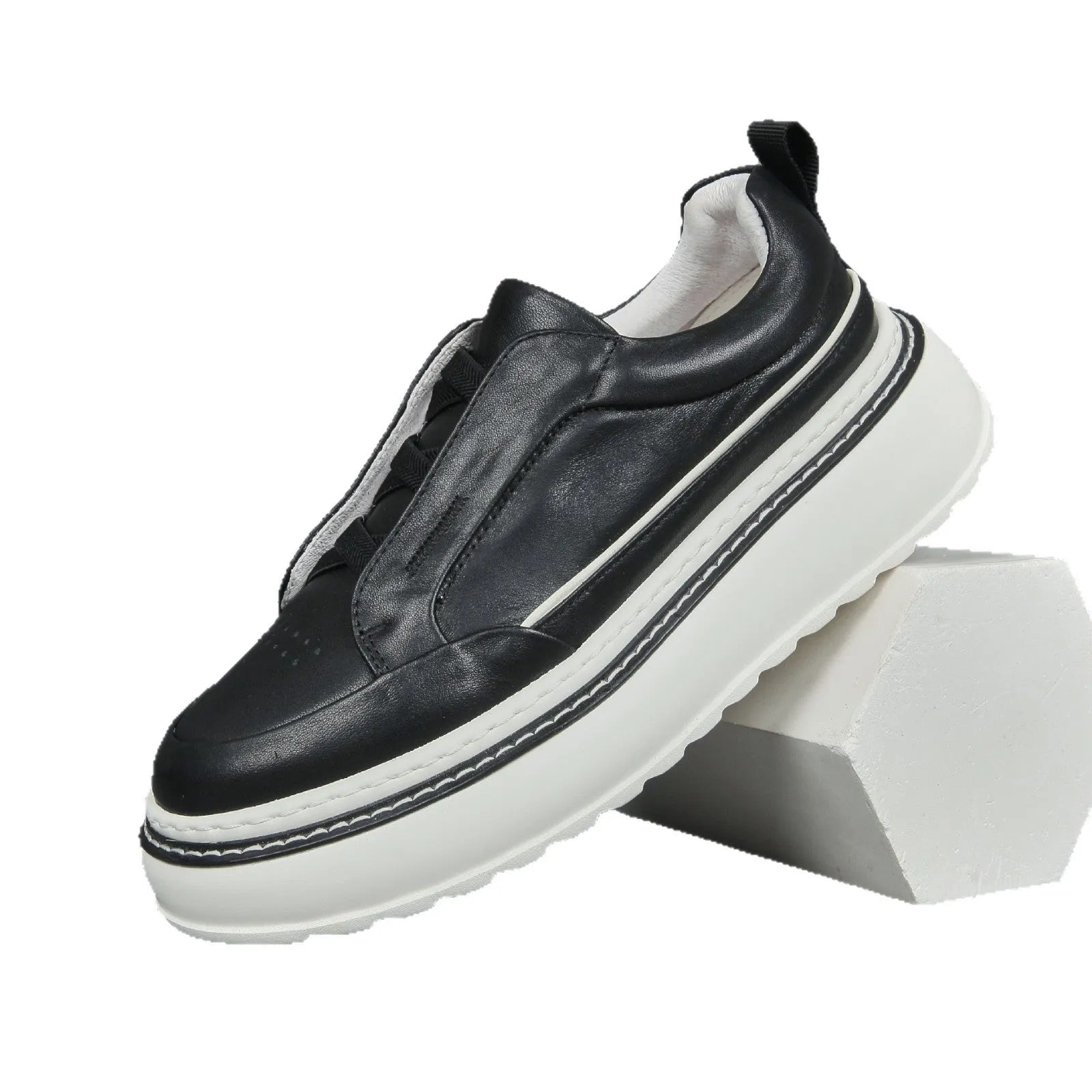 Breathable casual slip-on sneaker with first layer cowhide upper and foam sole, black, side view
