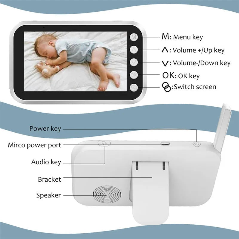 43 inch baby monitor with 4.3 inch LCD screen showing video feed of baby sleeping