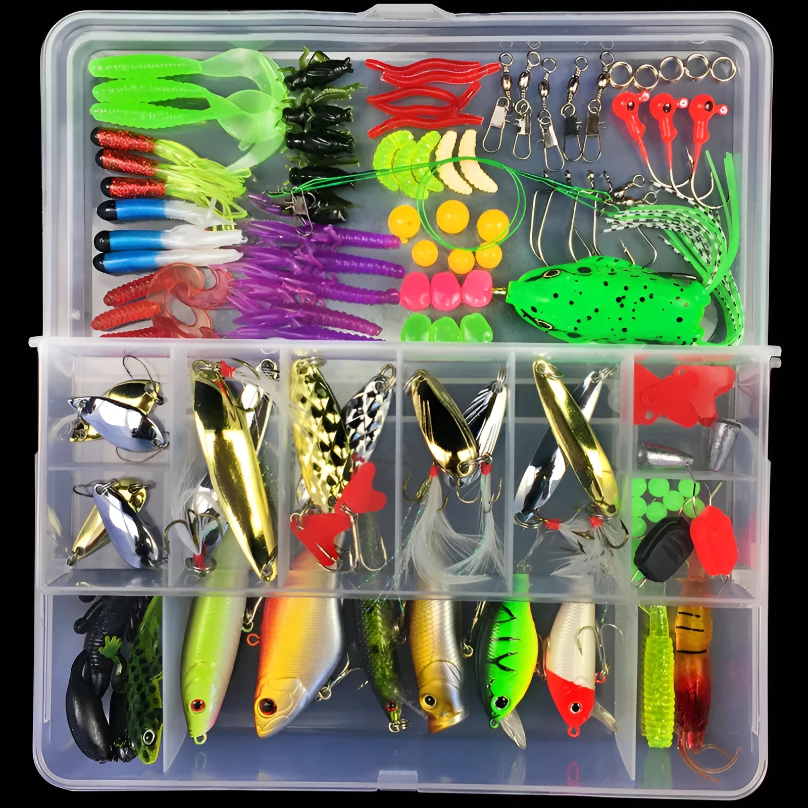 Junior fishing lure suit multi-pack with soft plastic baits in PP storage box, available in multiple piece counts