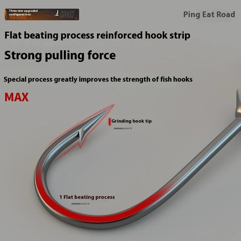 A pack of 50 steel jig fishing hooks in a primary colour, showing different hook point specifications.