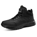 Men's large size fleece-lined mid-top casual sports shoes in black with rubber sole and lace-up closure