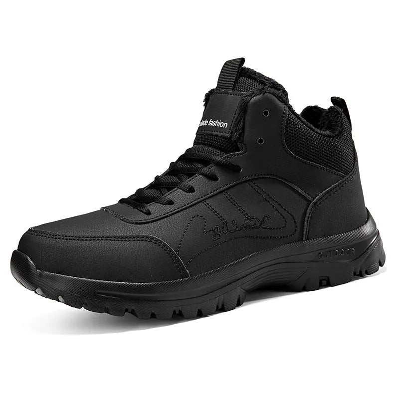 Men's large size fleece-lined mid-top casual sports shoes in black with rubber sole and lace-up closure