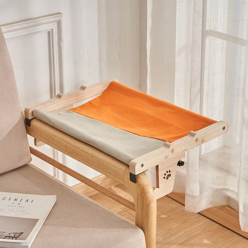 Wooden frame cat hanging bed hammock mounted on balcony railing