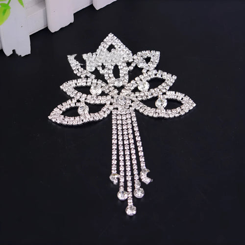 Crystal rhinestone flower applique with tassel in gold white diamond for wedding dress decoration