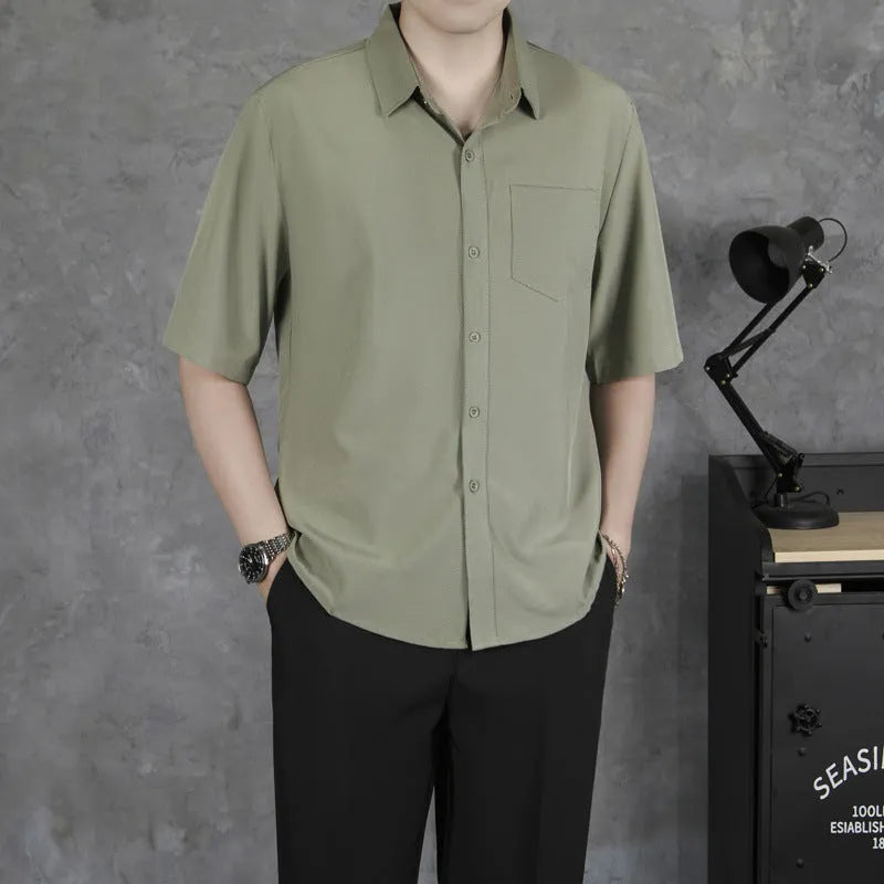 Men's solid colour short sleeve cotton blend casual shirt with loose fit in black white light green dark green sizes S to XXXL