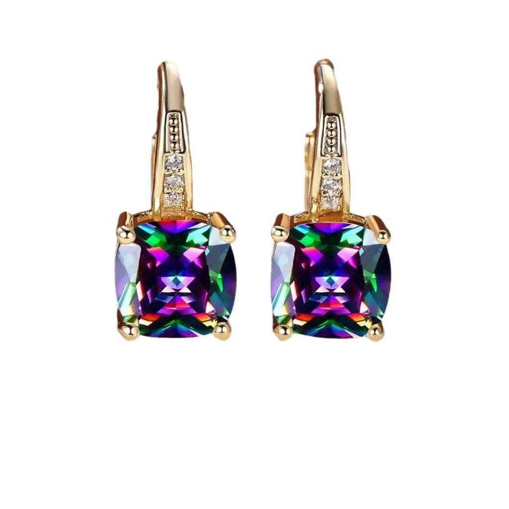 Square geometric gold ear clip with colourful moissanite stone inlay.
