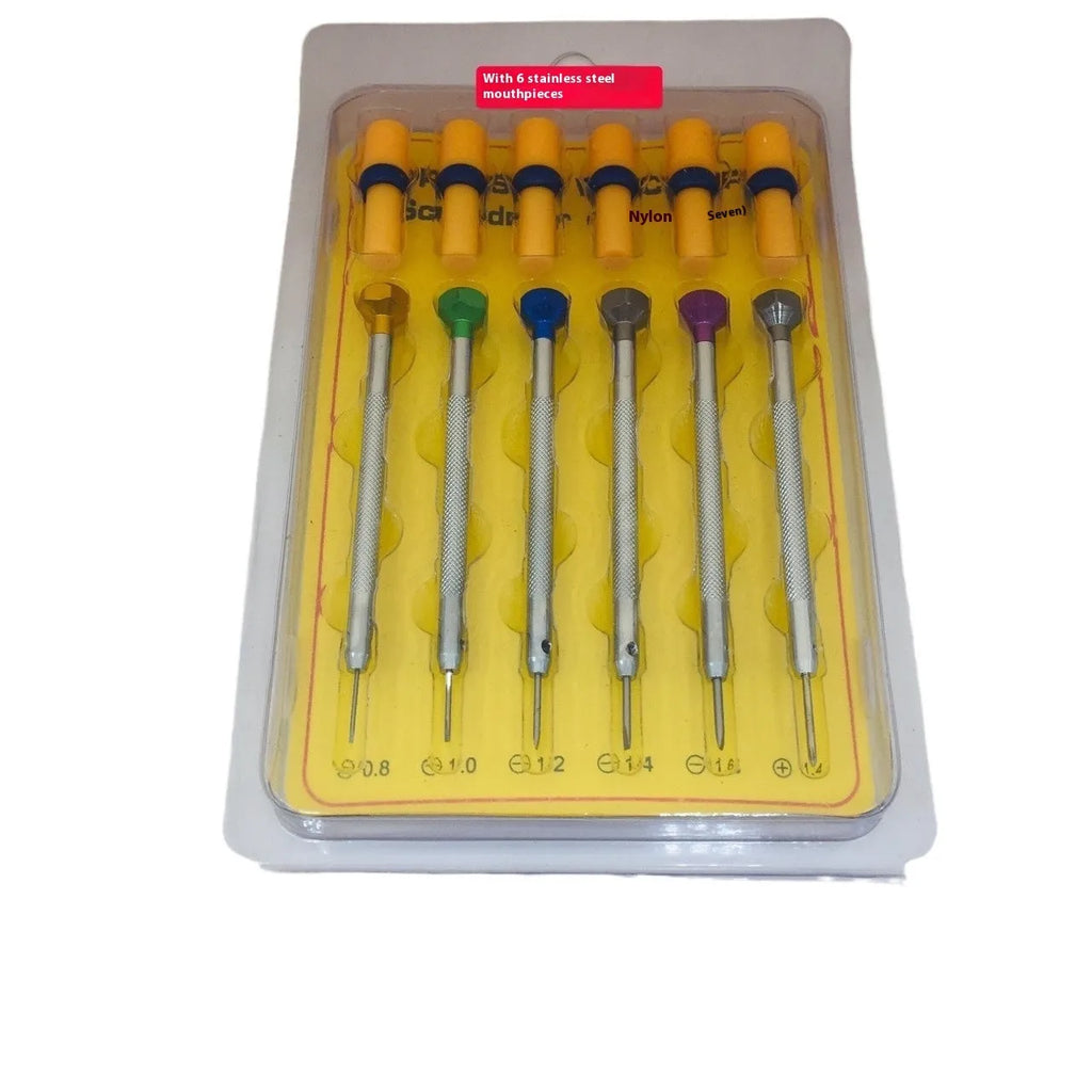 Six colour-coded watch repair screwdrivers with aluminium handles and copper grips for watch maintenance