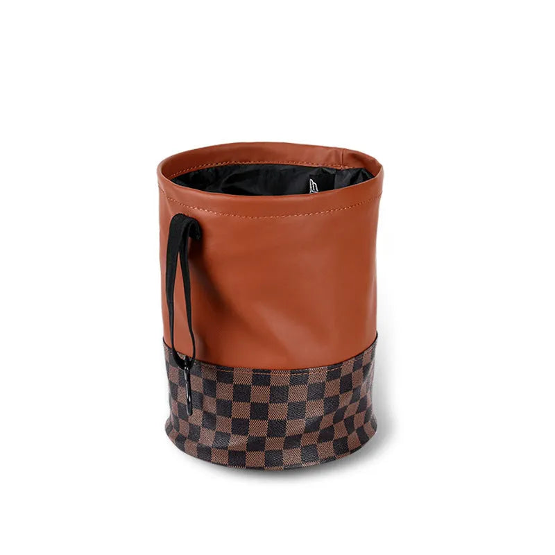 Leather folding car bin with handle for vehicle interior waste collection