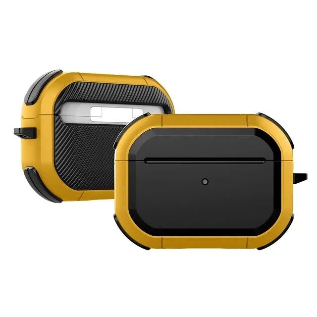 Black TPU and PC protective case for Apple AirPods Pro and AirPods 1/2 models on a white background.