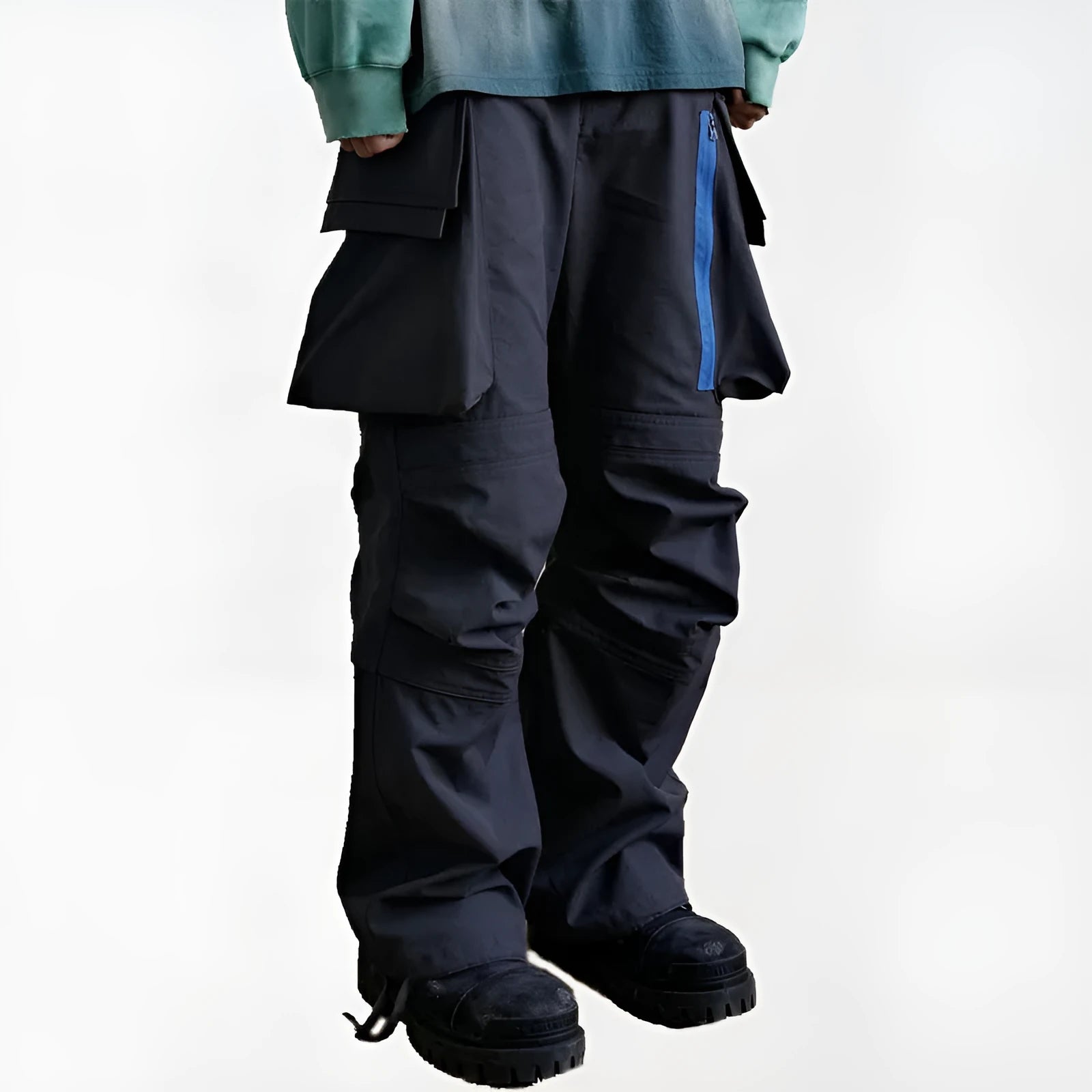 Multi-pocket contrast zip casual baggy pants in dark grey cotton with loose fit and mid waist
