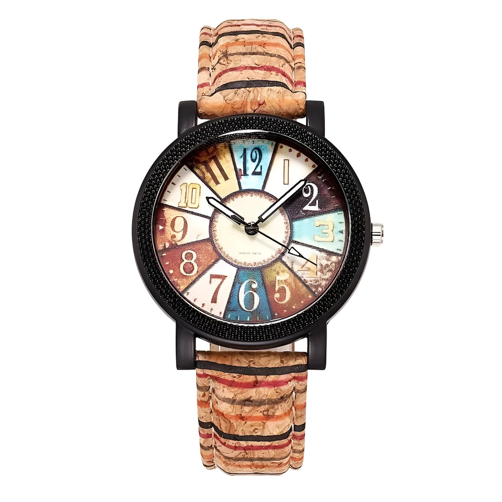 Women's vintage style leather strap quartz watch with 37mm round dial and stainless steel buckle