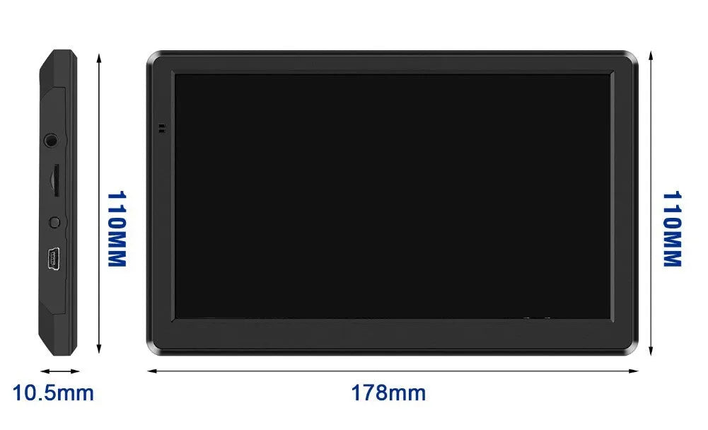 7 inch car GPS navigation device with touch screen on a bracket, next to a car charger.