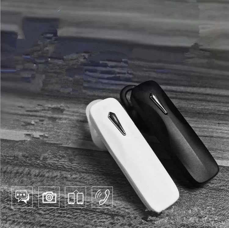 M163 Bluetooth car headset in black or white with hands-free calling and music control buttons
