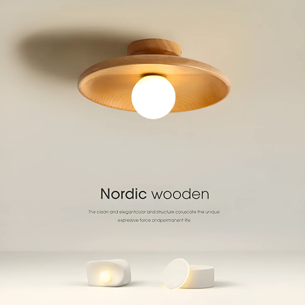Modern minimalist solid wood and glass ceiling lamp in a hallway setting.
