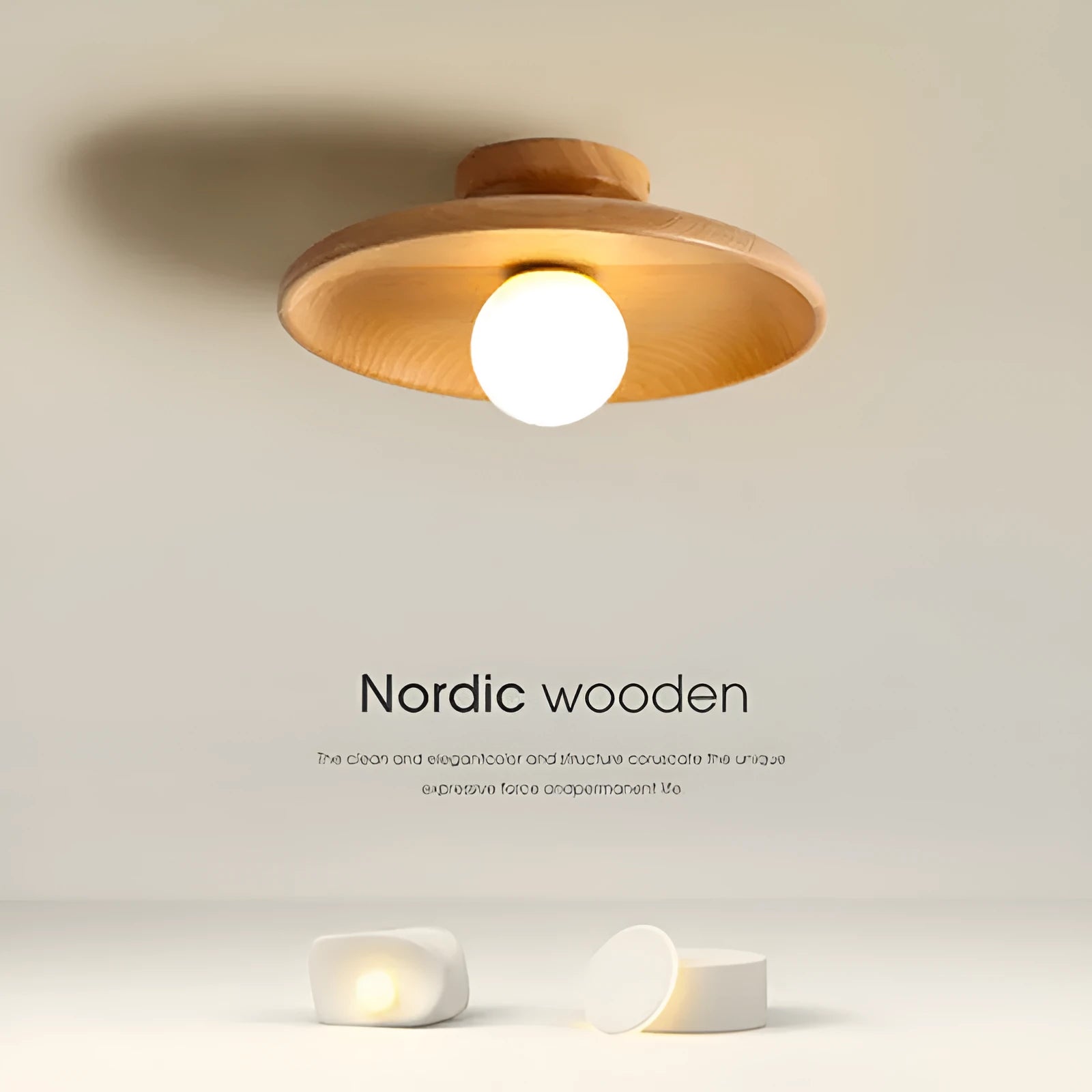 Modern minimalist solid wood and glass ceiling lamp in a hallway setting.
