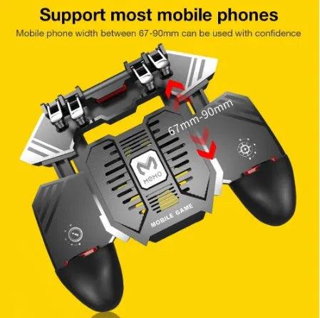 AK77 black mobile phone game handle with physical triggers, heat sink power supply and rotating lever for PUBG gaming