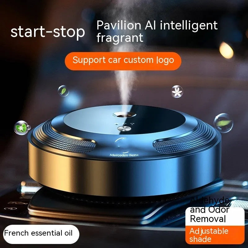 Automatic car air freshener with zinc alloy shell showing 89x35mm dimensions and included fragrance solutions