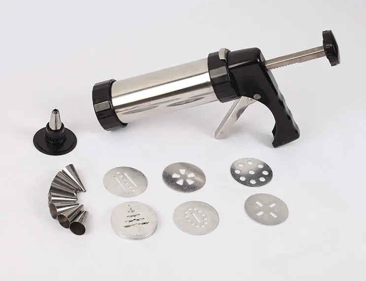 Stainless steel biscuit press cookie machine with 13 moulds and 8 piping nozzles in a colour gift box