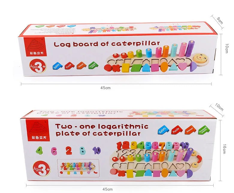 Early childhood education wooden logarithmic board with numbers, geometric figures, and colourful beads
