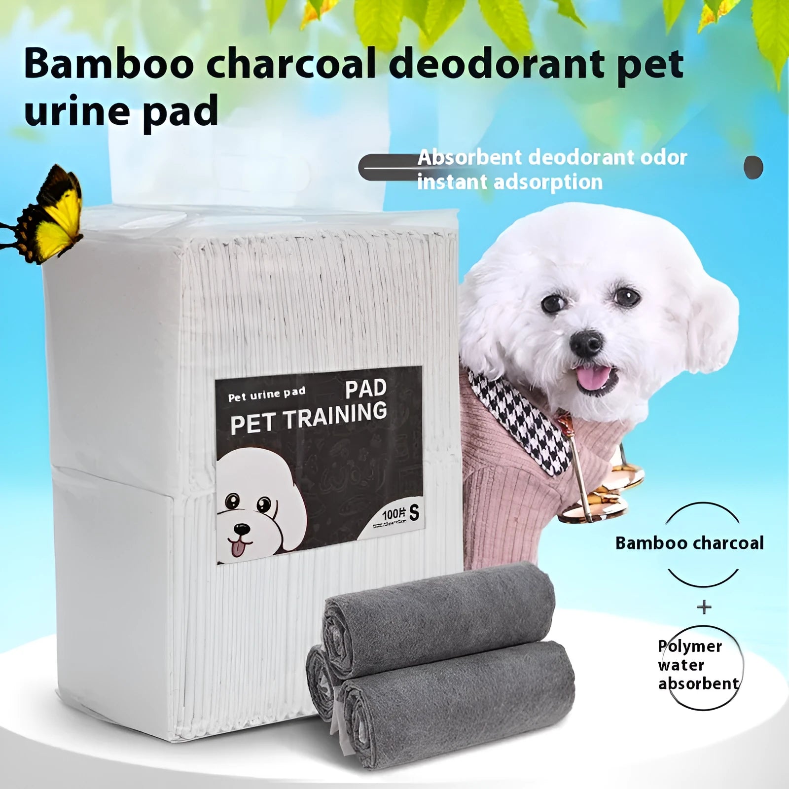 Pack of pet urinal pads showing bamboo charcoal deodorant variant in size L 60x60cm