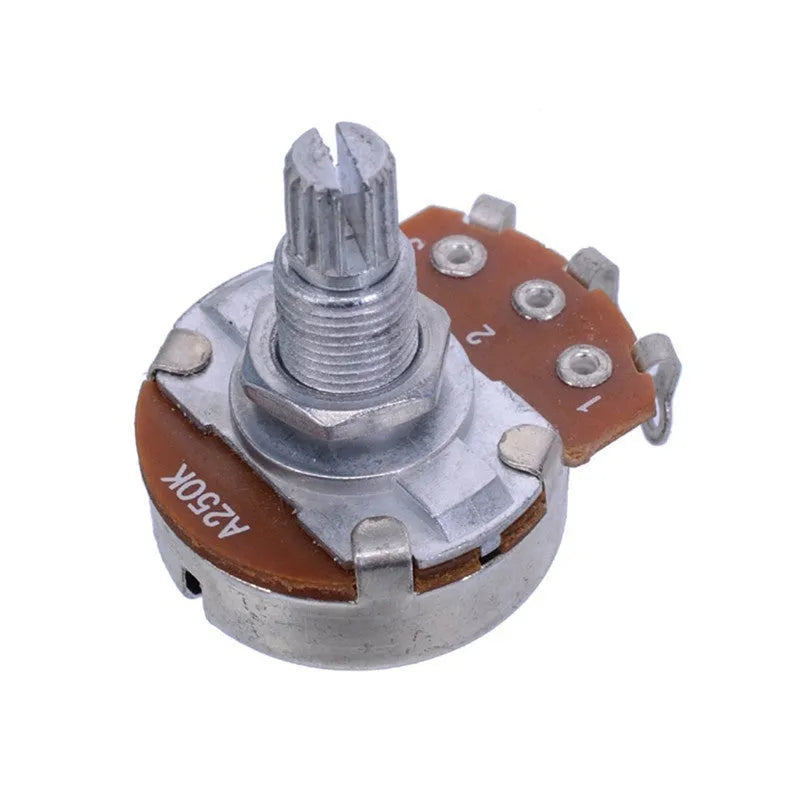 A single metal electric guitar control knob for potentiometers, shown with selection options for 250K or 500K resistance for tone or volume.