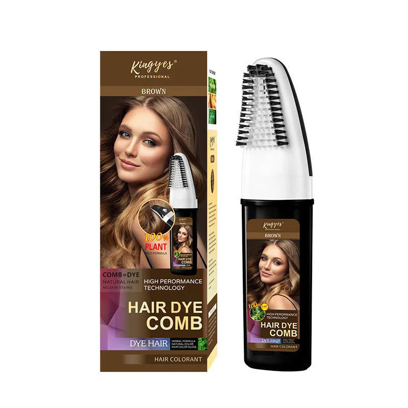 Hair dye colouring comb kit showing brown, wine red, and dark brown 200ML bottles with an application brush