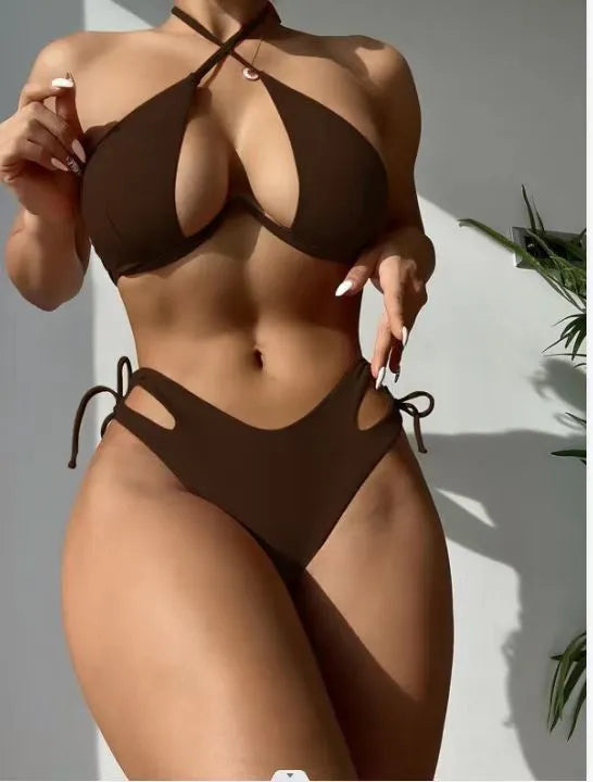 Women's brown halter neck bikini set with brief bottoms on a mannequin.