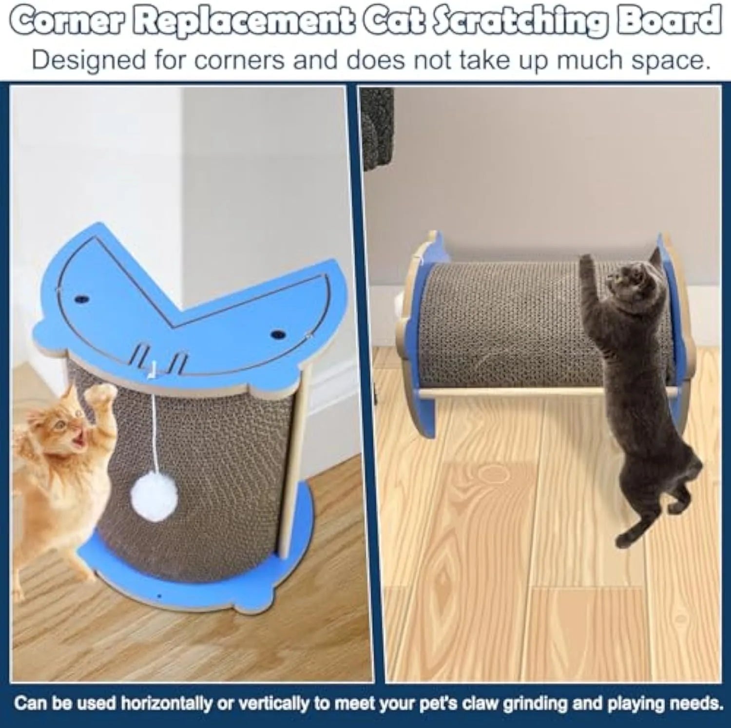 Corner-fitting cardboard cat scratching pad with a dangling ball toy.