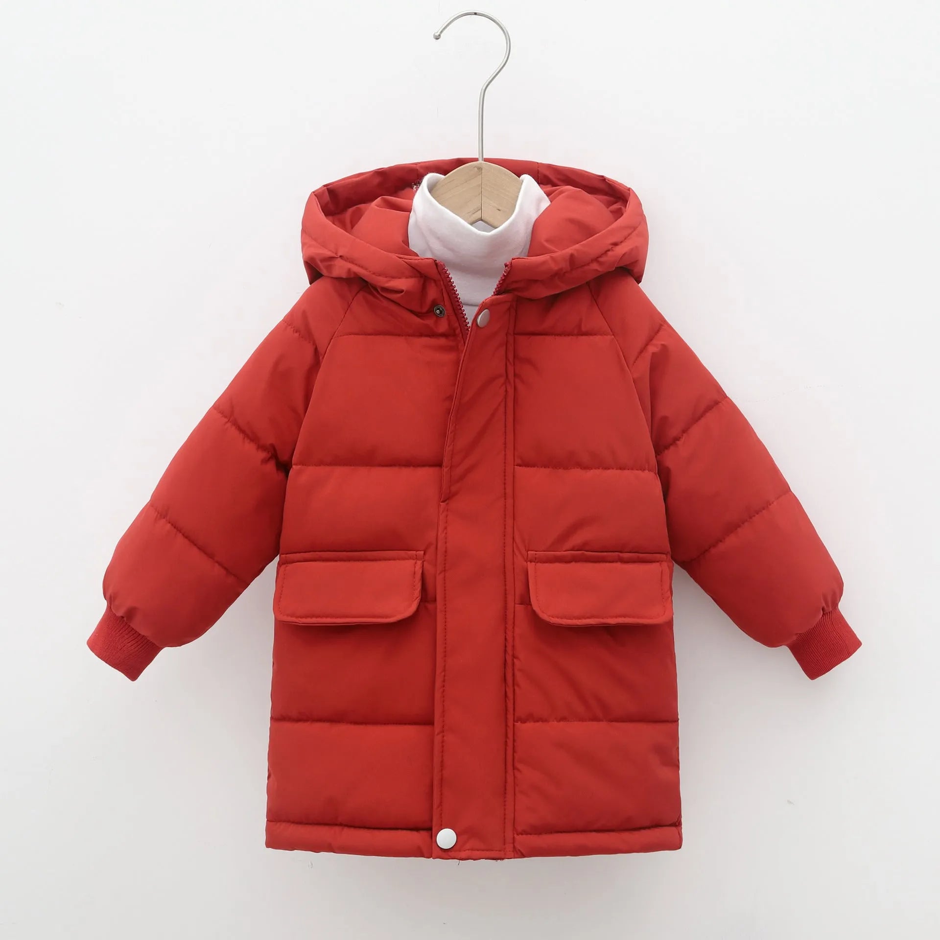 Children's mid-length hooded thickened jacket in polyester fibre with zipper, available in multiple colours