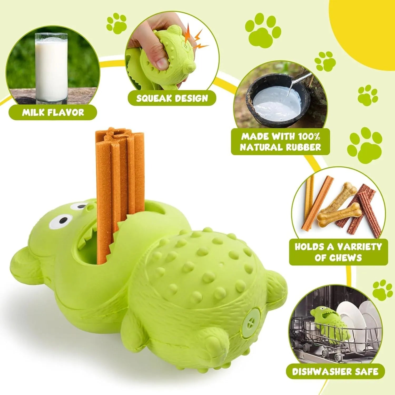 Green and yellow thick natural rubber squeaky dog chew toy for large breed aggressive chewers.