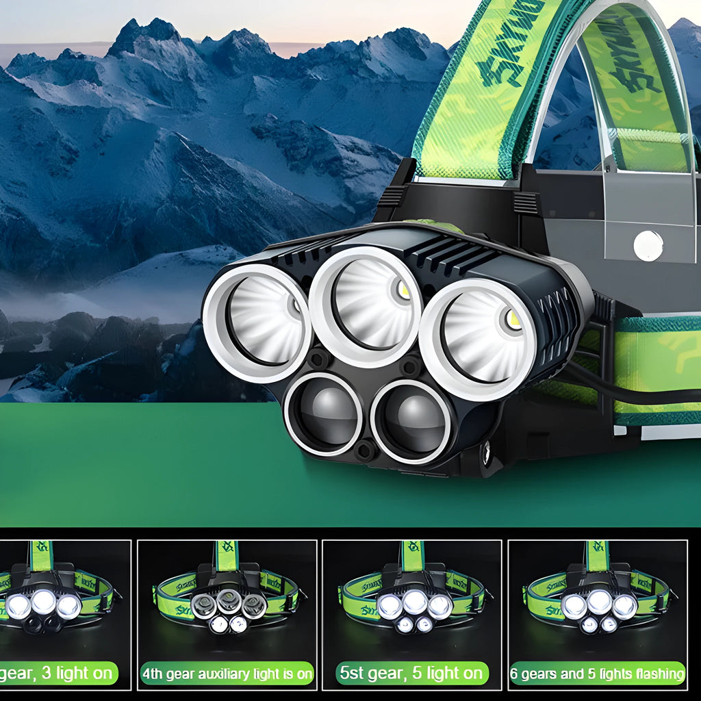 Yellow and black USB rechargeable outdoor headlight with 5 LEDs on an aluminium alloy and ABS plastic housing.
