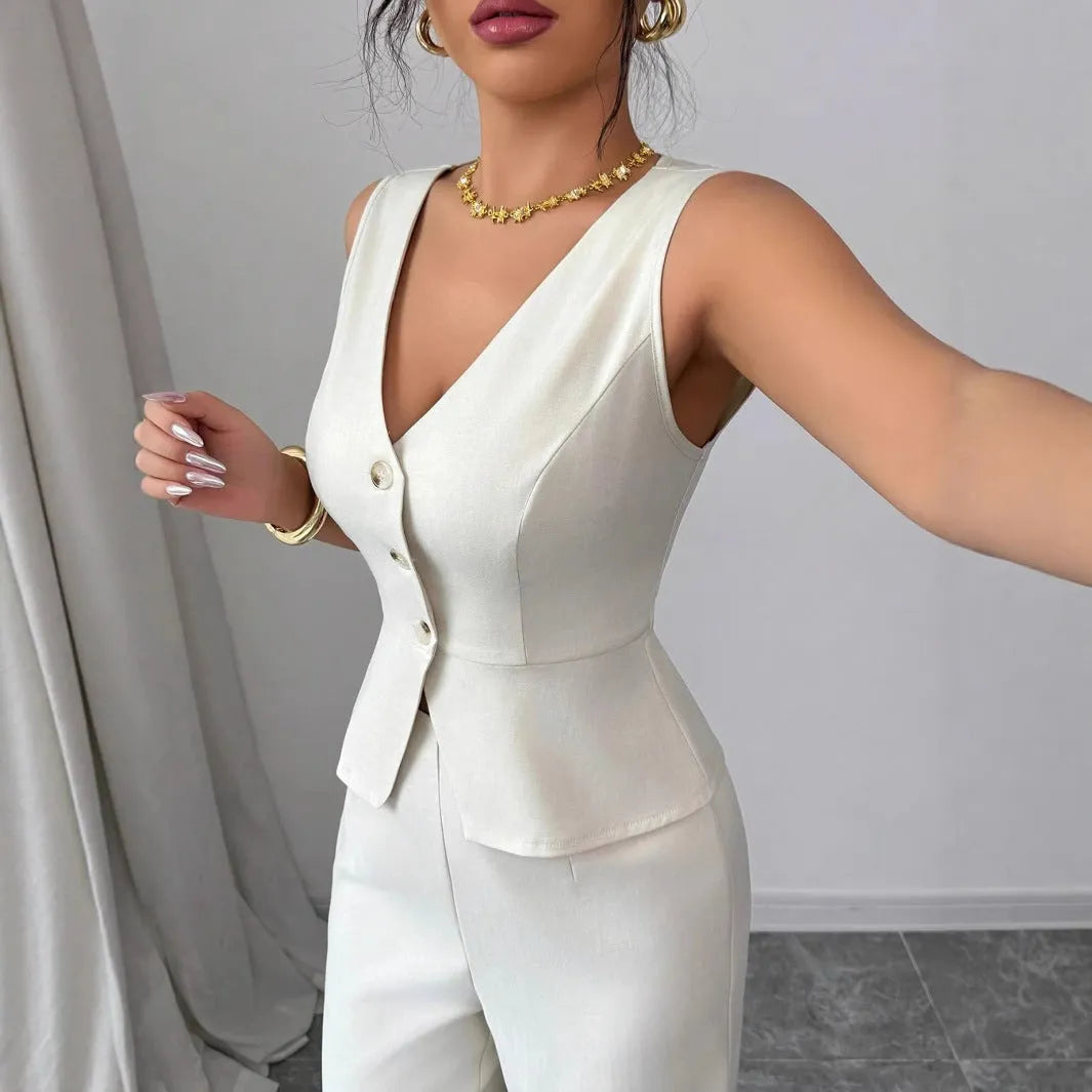 Women's black sleeveless vest and high waist trousers two-piece set in Japanese Korean casual style