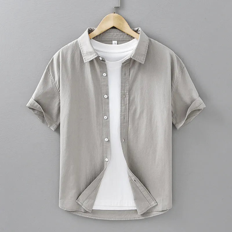 Mens summer short-sleeved cotton shirt in light gray, loose fit cardigan style