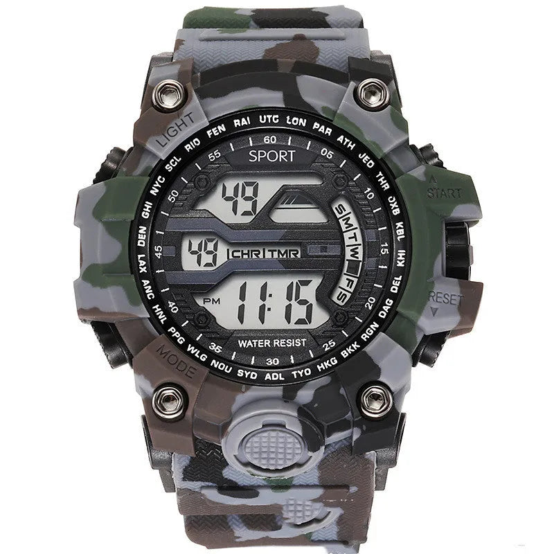 Men's sports watch with large dial, number display, and waterproof rating of 10m