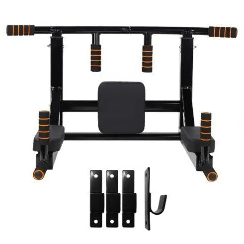 Black wall-mounted fitness equipment with sandbag rack and single parallel bars for pull-ups.