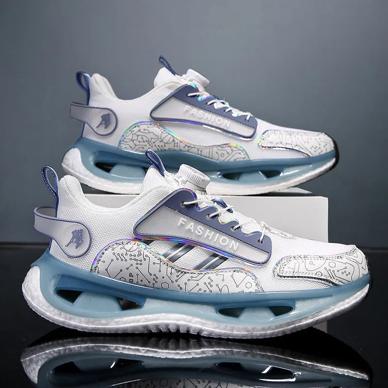 Men's low-top mesh sports shoes in solid colours with elastic band and popcorn TPU sole.