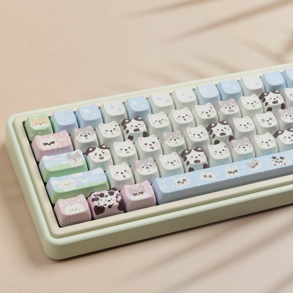PBT plastic keycap set featuring colourful puppy design for mechanical keyboards
