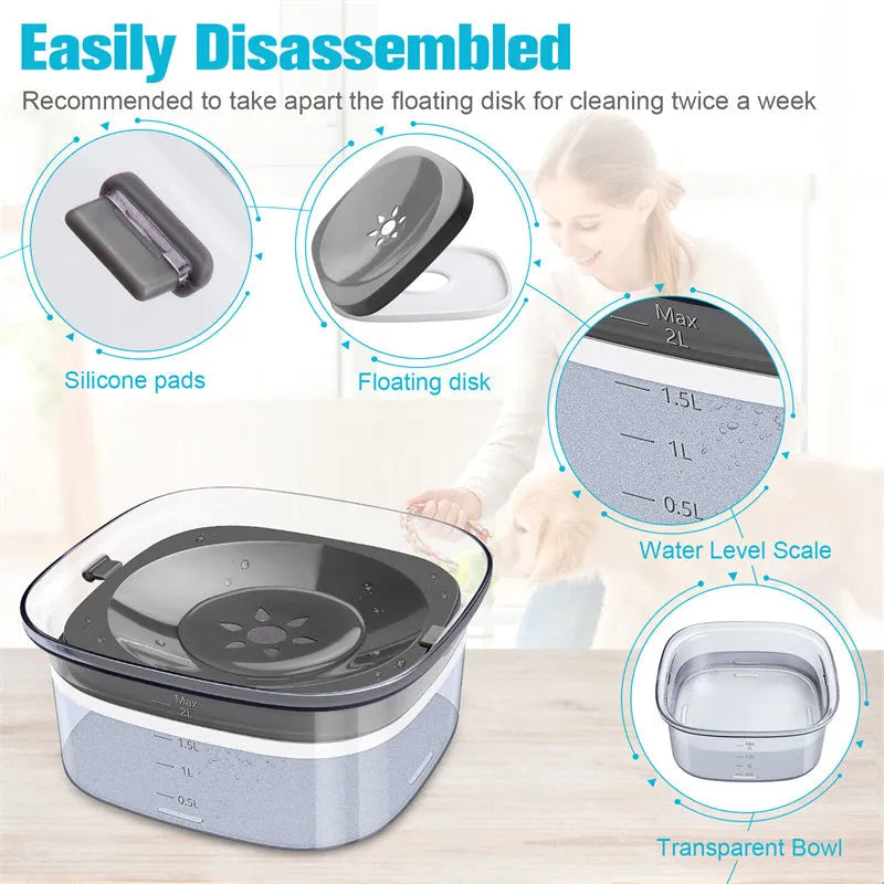 Transparent 2 litre dog water bowl with floating disk and visible water level