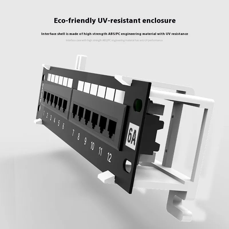 Black 12-port network distribution frame with hook bracket for wall mounting
