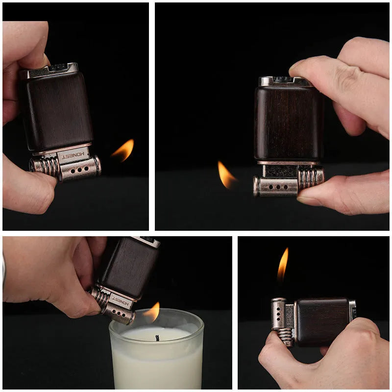 Decorative ebony gas lighter with metal construction showing wood-colour finish options