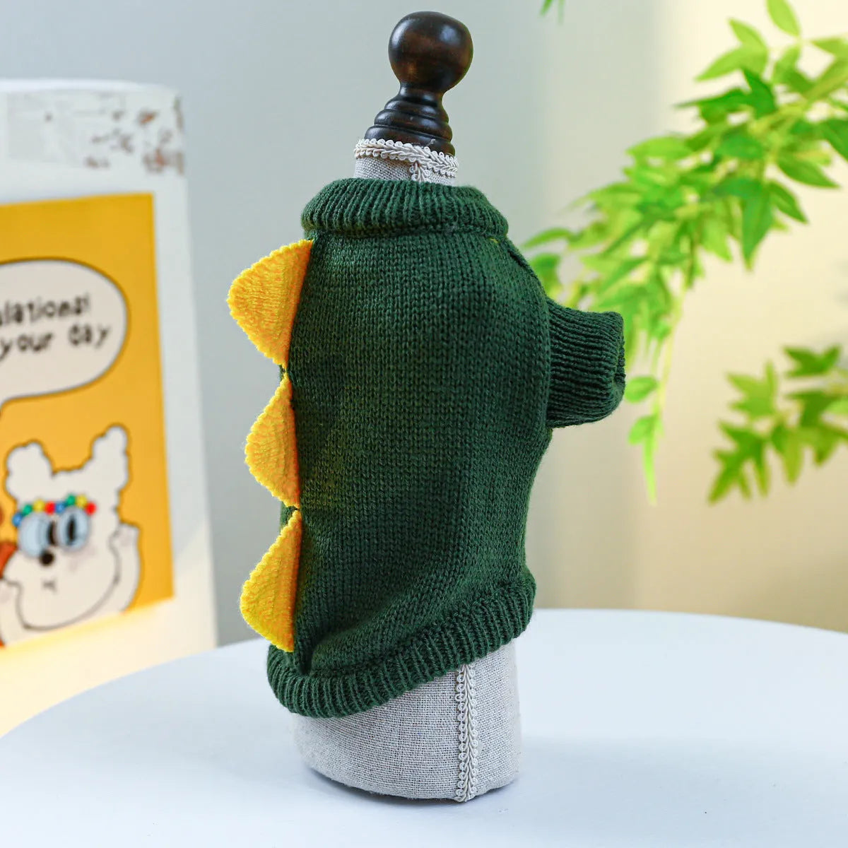 Green and yellow polyester dinosaur dog sweater for small to large dogs, sizes XS to XL