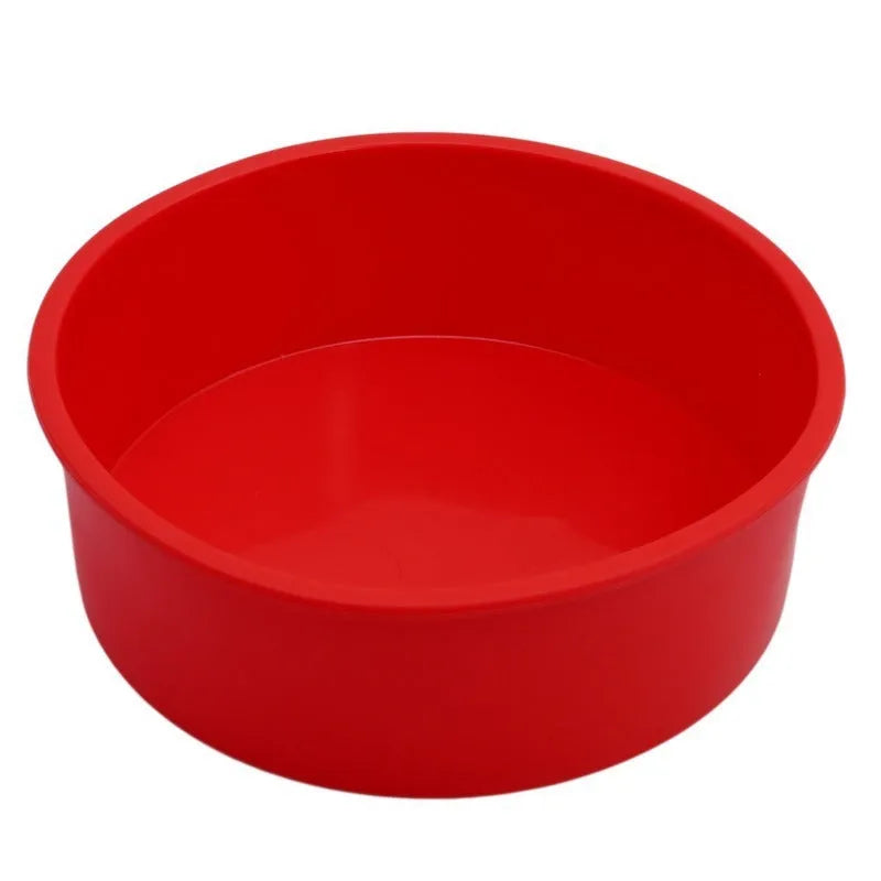 Set of three red round silicone cake baking moulds in 4-inch, 6-inch, and 8-inch sizes.