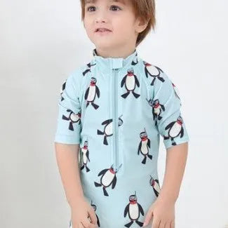 Boy's long sleeve swimsuit with penguin design swimming cap for sun protection