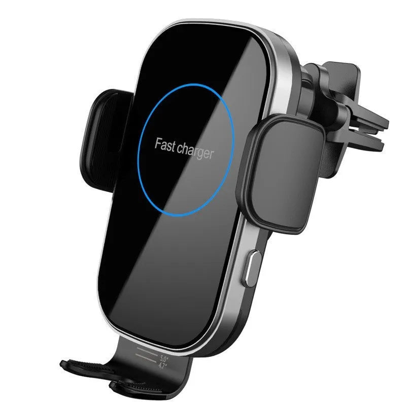 15W car wireless charger with automatic induction clamp, black finish, mounted on car vent with smartphone