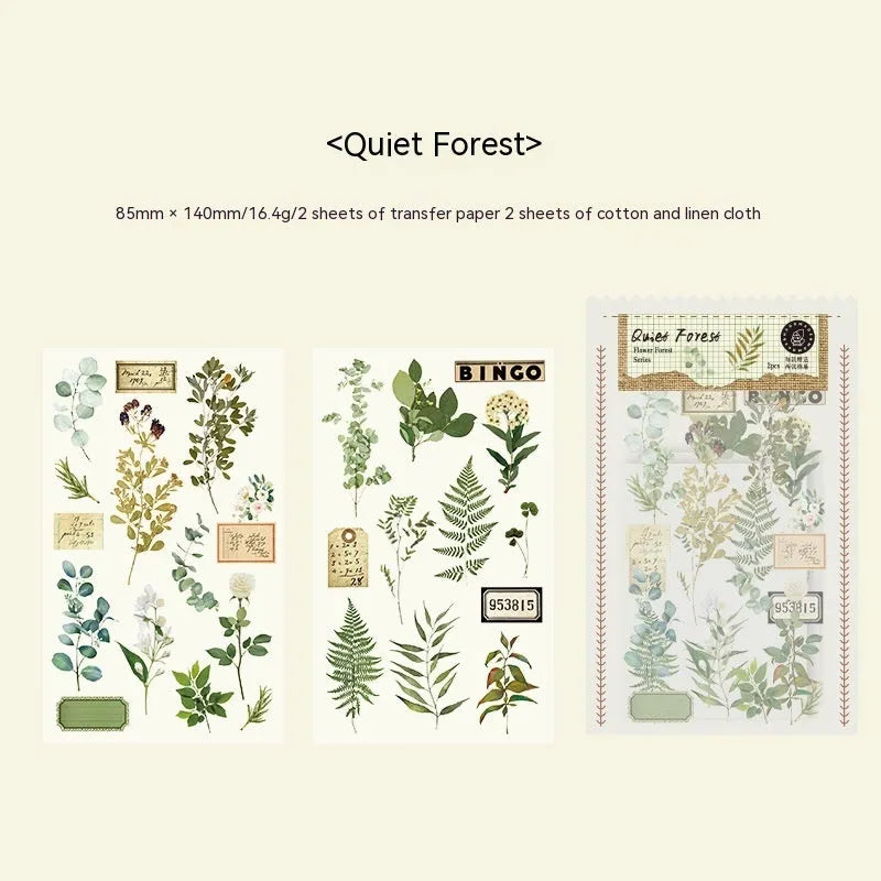 Huazhisen Series sticker pack showing forest label designs on transfer paper and cotton linen sheets