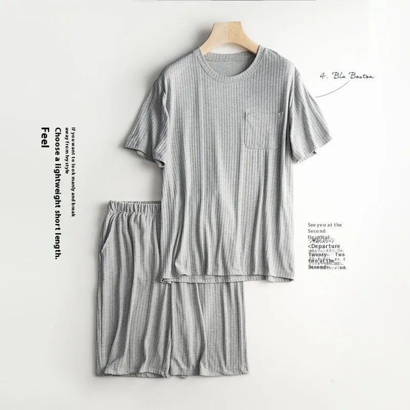 Men's thin polyester summer home wear suit with short sleeve T-shirt and matching shorts in oatmeal and deep gray colour combination