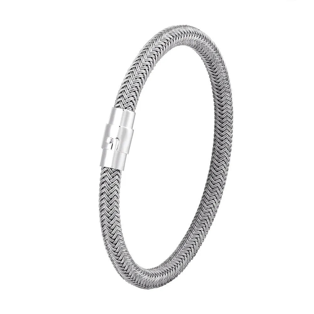 Men's geometric titanium steel bracelet with a magnetic clasp shown in silver tone.