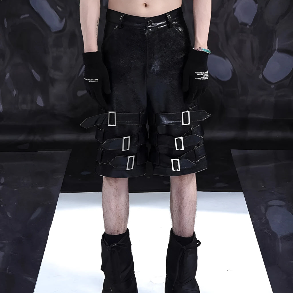Black men's PU leather casual cropped shorts with a medium low waist on a mannequin.