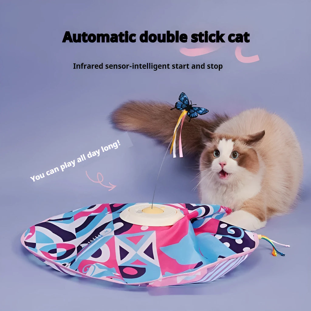 Interactive electric cat toy with USB cable, cloth cover, teaser stick, base, 18.5x18.5x8cm, pink or yellow